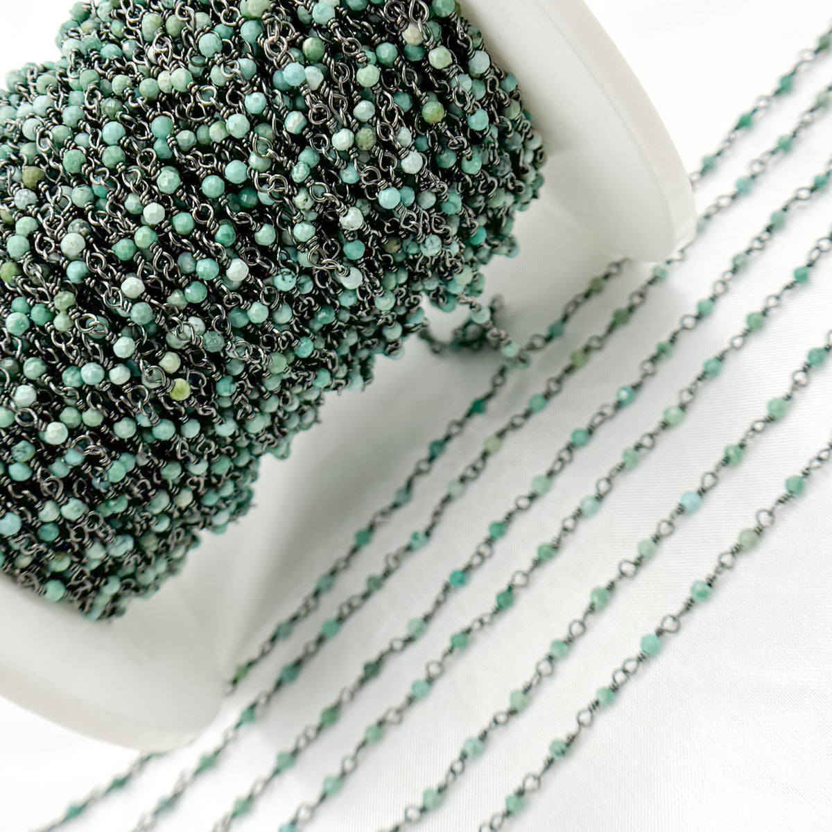 Black Rhodium 925 Sterling Silver and Natural Turquoise Wire Wrapped Bead Chain