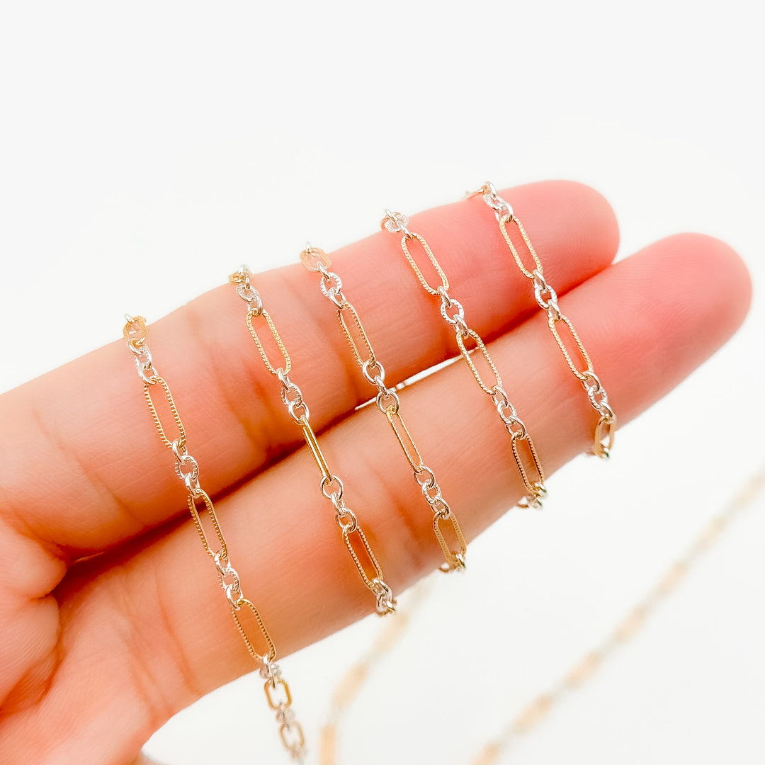 XM/1931K/SP. 14K Gold Filled and Sterling Silver Knurled Link Chain – Long & Short Pattern