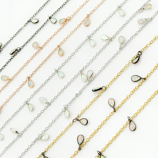 Created White Opal Tear Drop Shape Dangle Chain