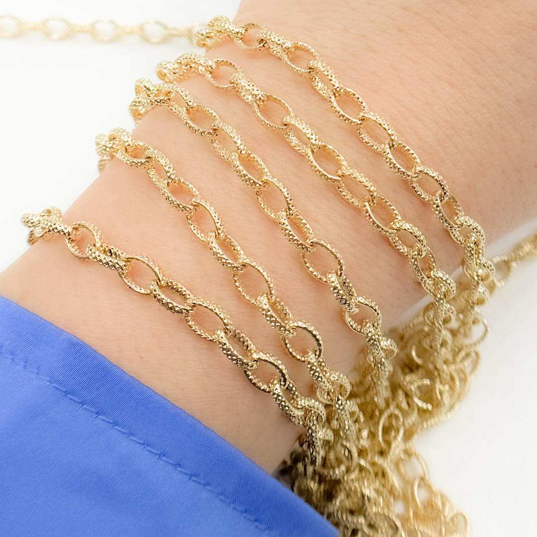 V25GP. Gold Plated Sterling Silver Gold Plated Textured Oval Link Chain