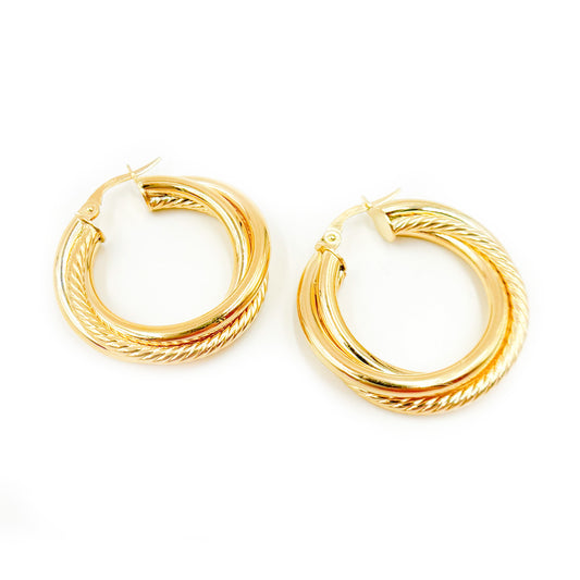 15850019628. 14K Solid Gold Fancy Twist Double Hollow Hoop Earrings