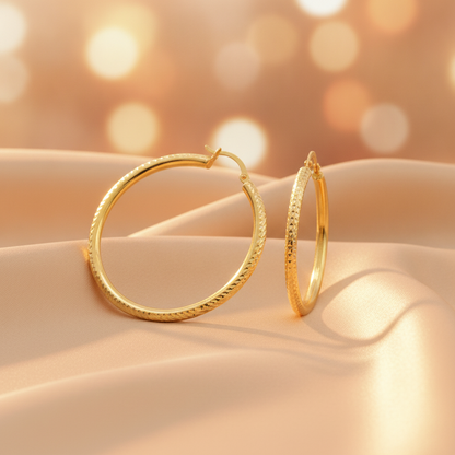 GER58. 14K Gold Hoop Earrings with Engraved Tornado Design
