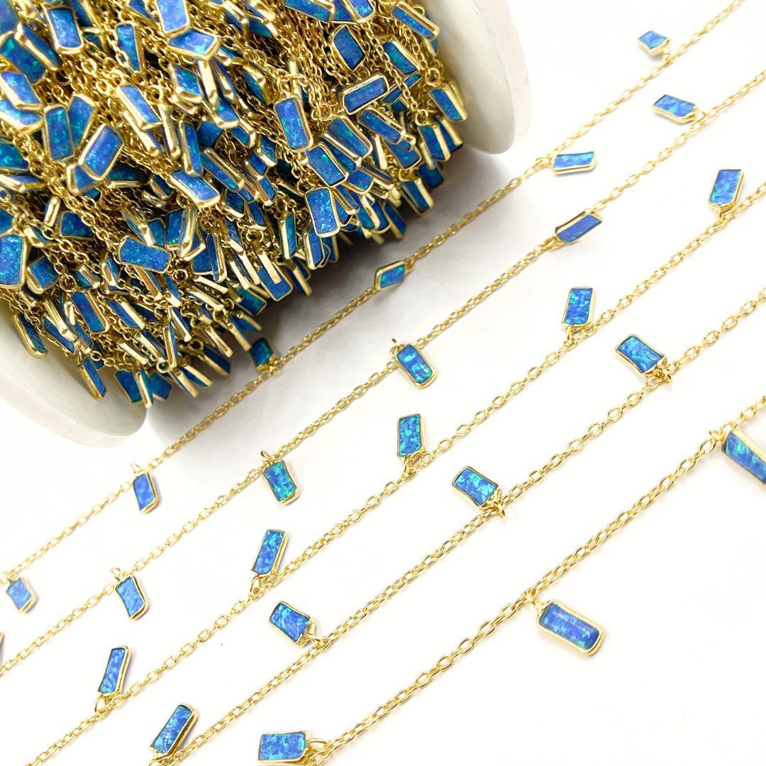 Created Blue Opal Rectangular Shape Dangle Chain.