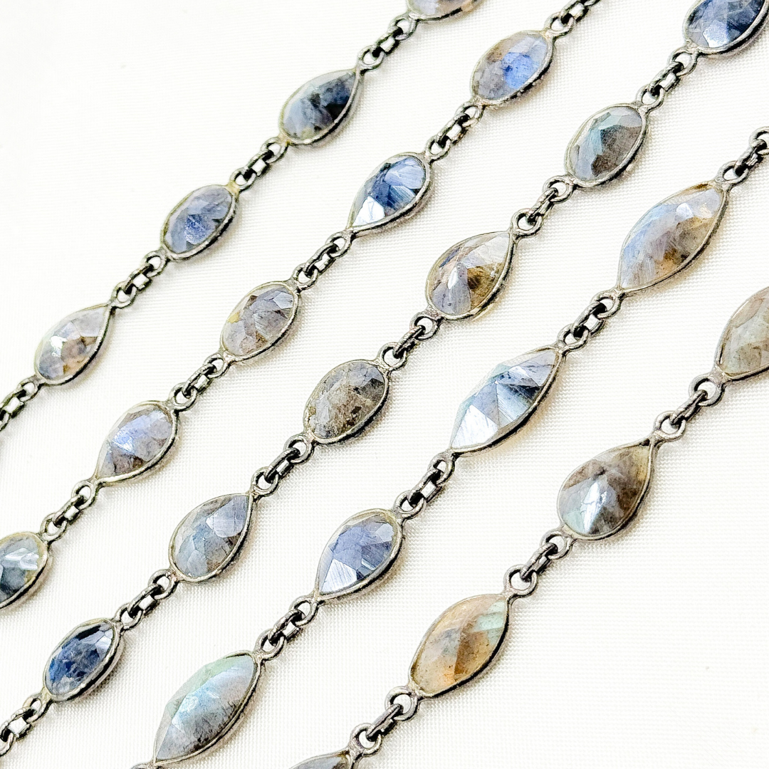 Coated Labradorite Cut Pear Shape Bezel Oxidized Wire Chain. CLB12