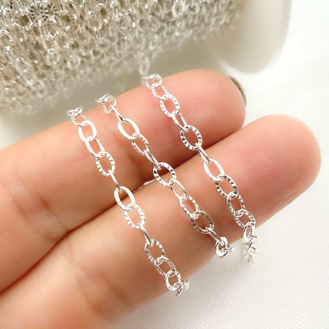 V188SS. Sterling Silver Flat Hammered Oval Link Chain