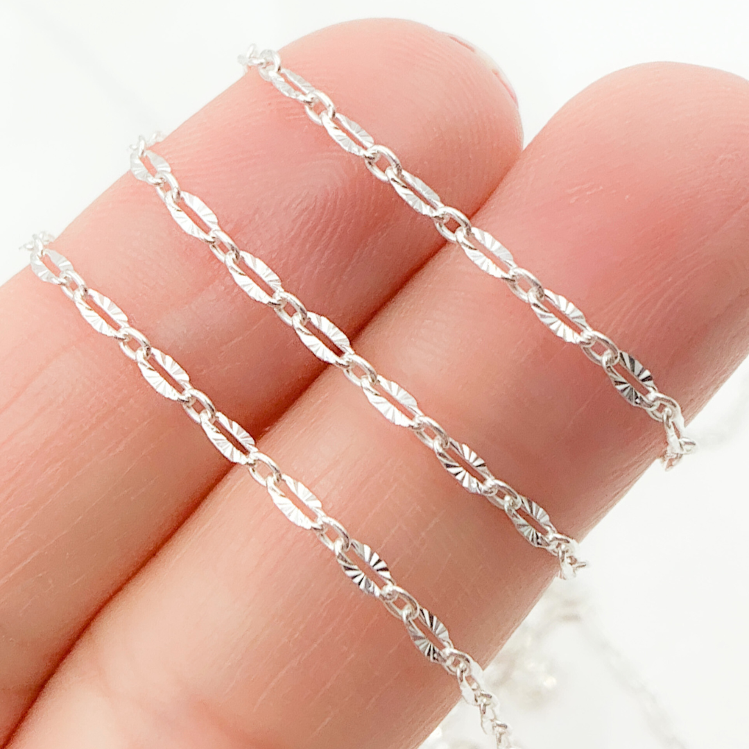 925 Sterling Silver Oval Diamond Cut Link Chain