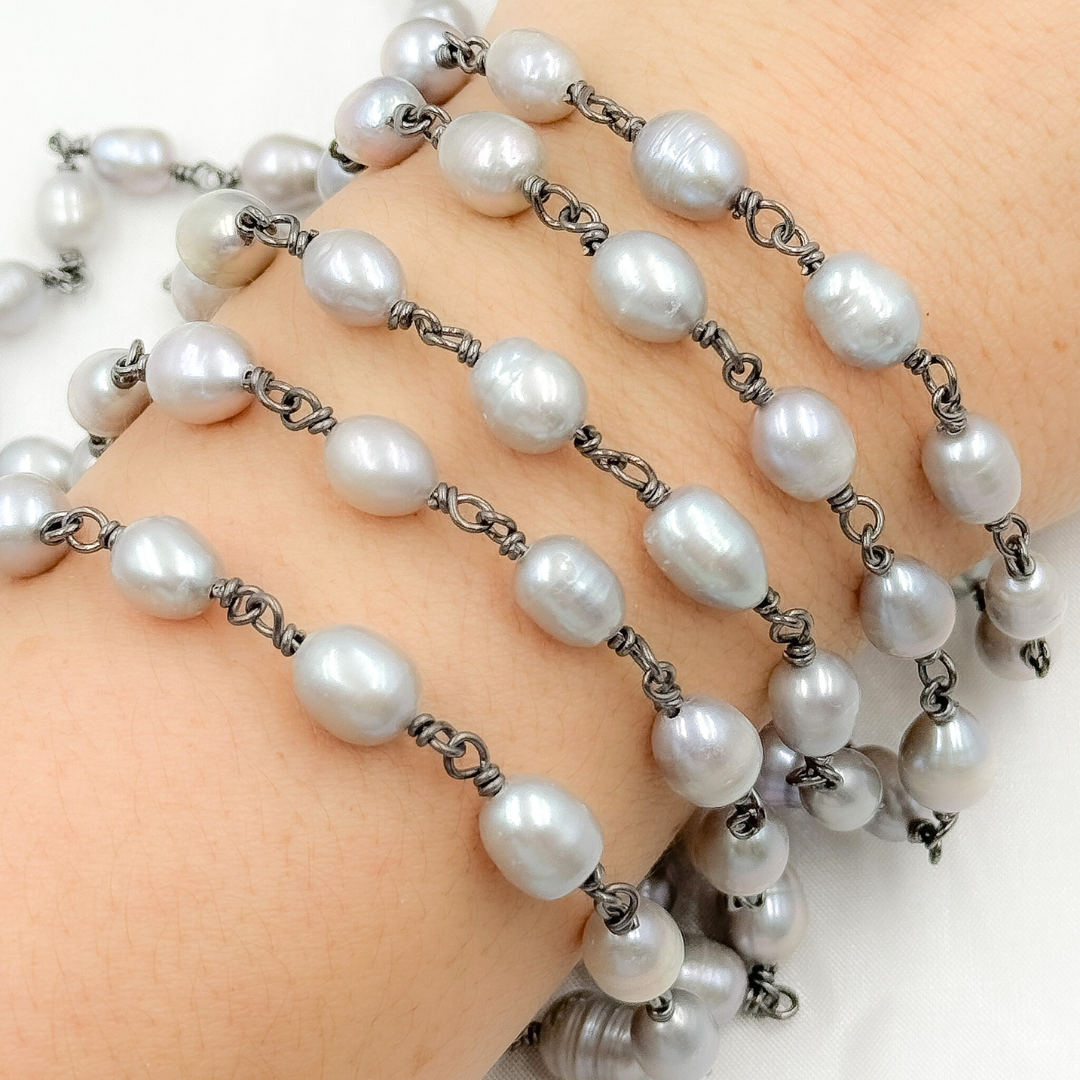 Grey Freshwater Pearl Organic Shape Wire Wrap Chain.