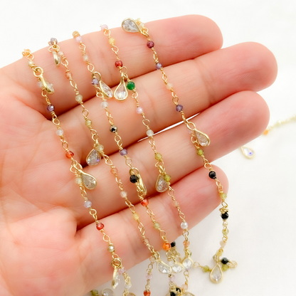 Multi Color Cubic Zirconia & CZ Dangle Gold Plated Wire Chain.