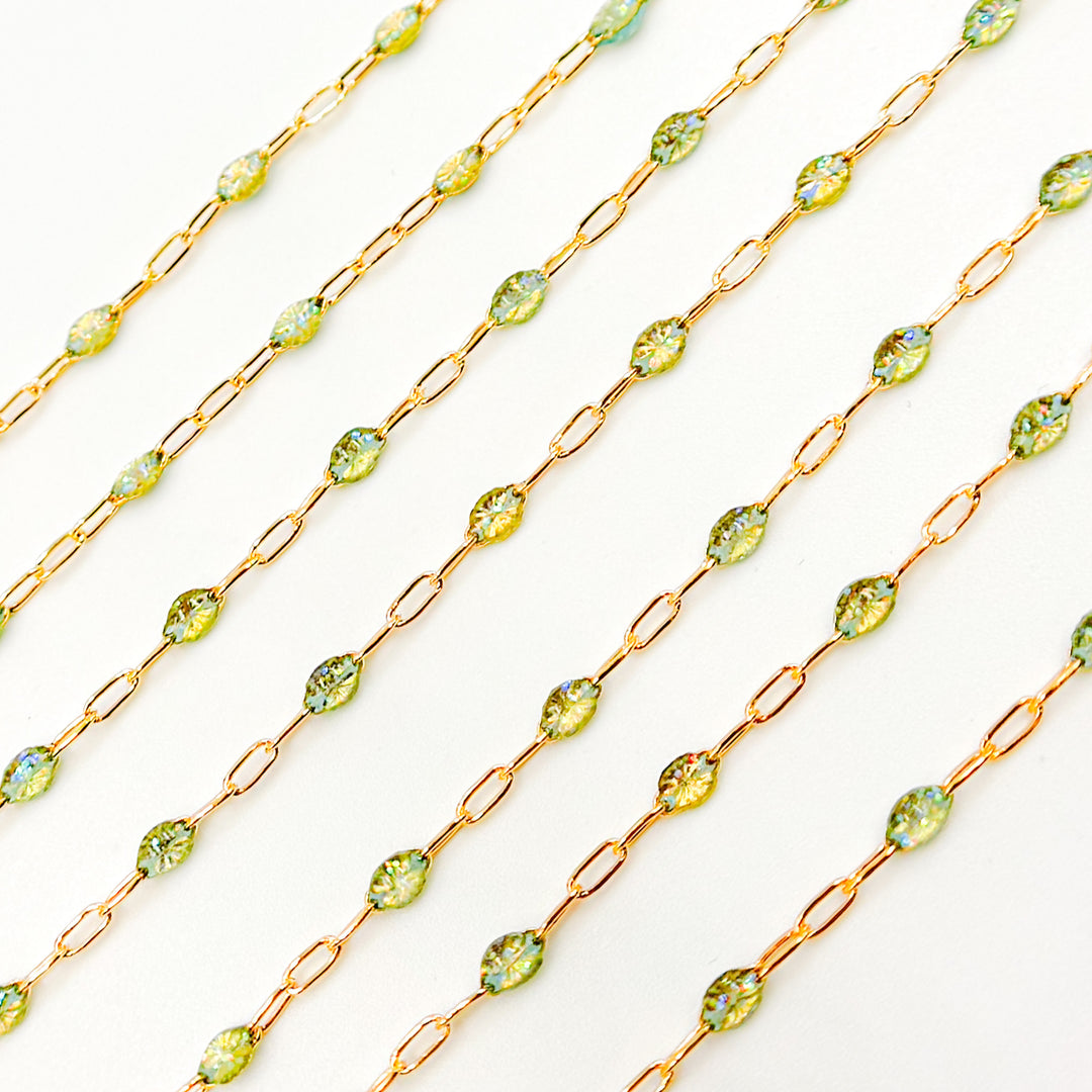 Gold Filled Green Shade Color Opal Enamel Cable Chain