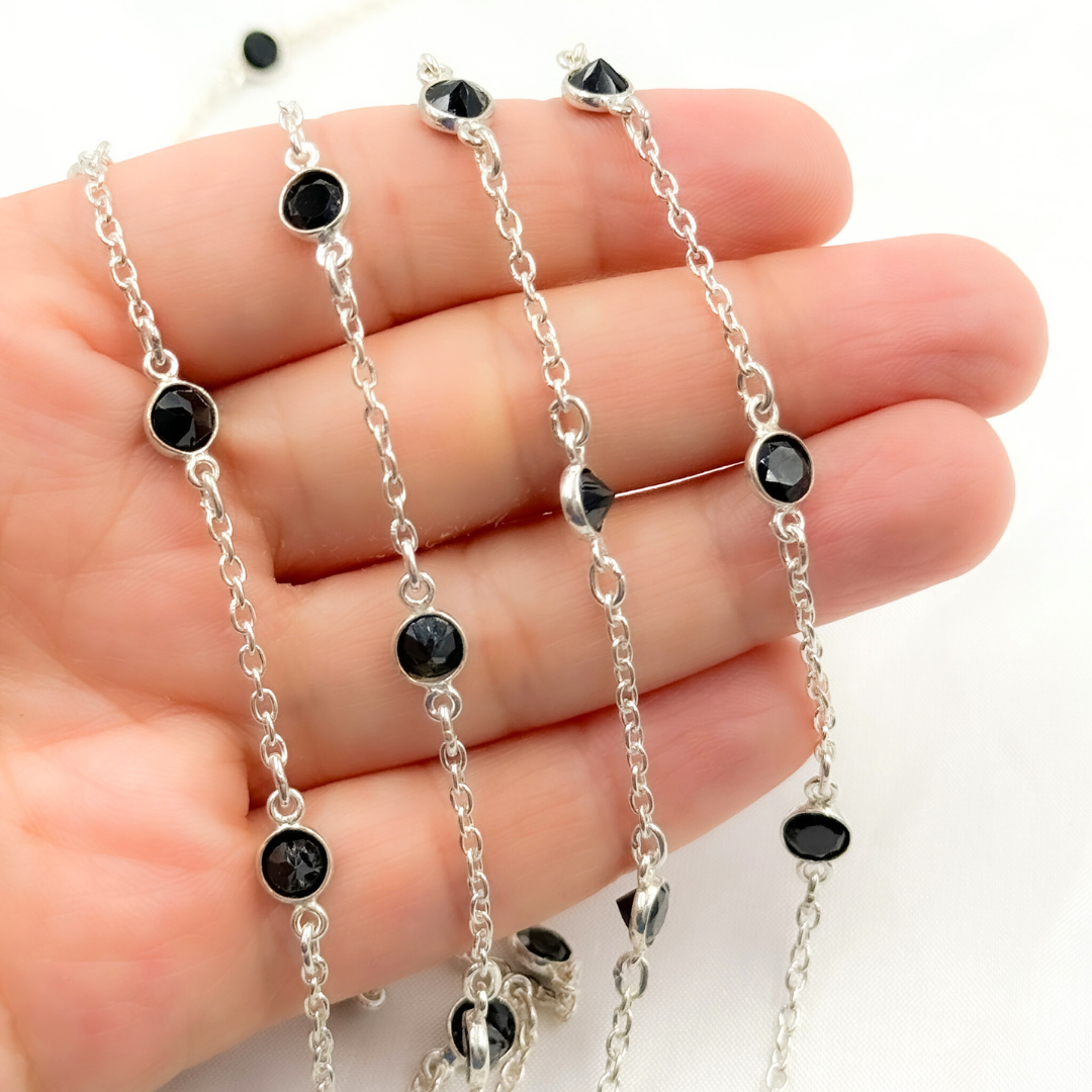 Black Spinel Round Shape Bezel 925 Sterling Silver Connected Wire Chain