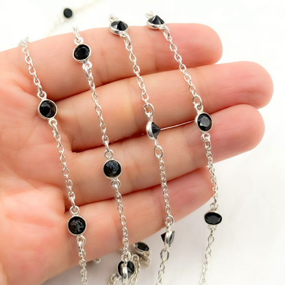 Black Spinel Round Shape Bezel 925 Sterling Silver Connected Wire Chain
