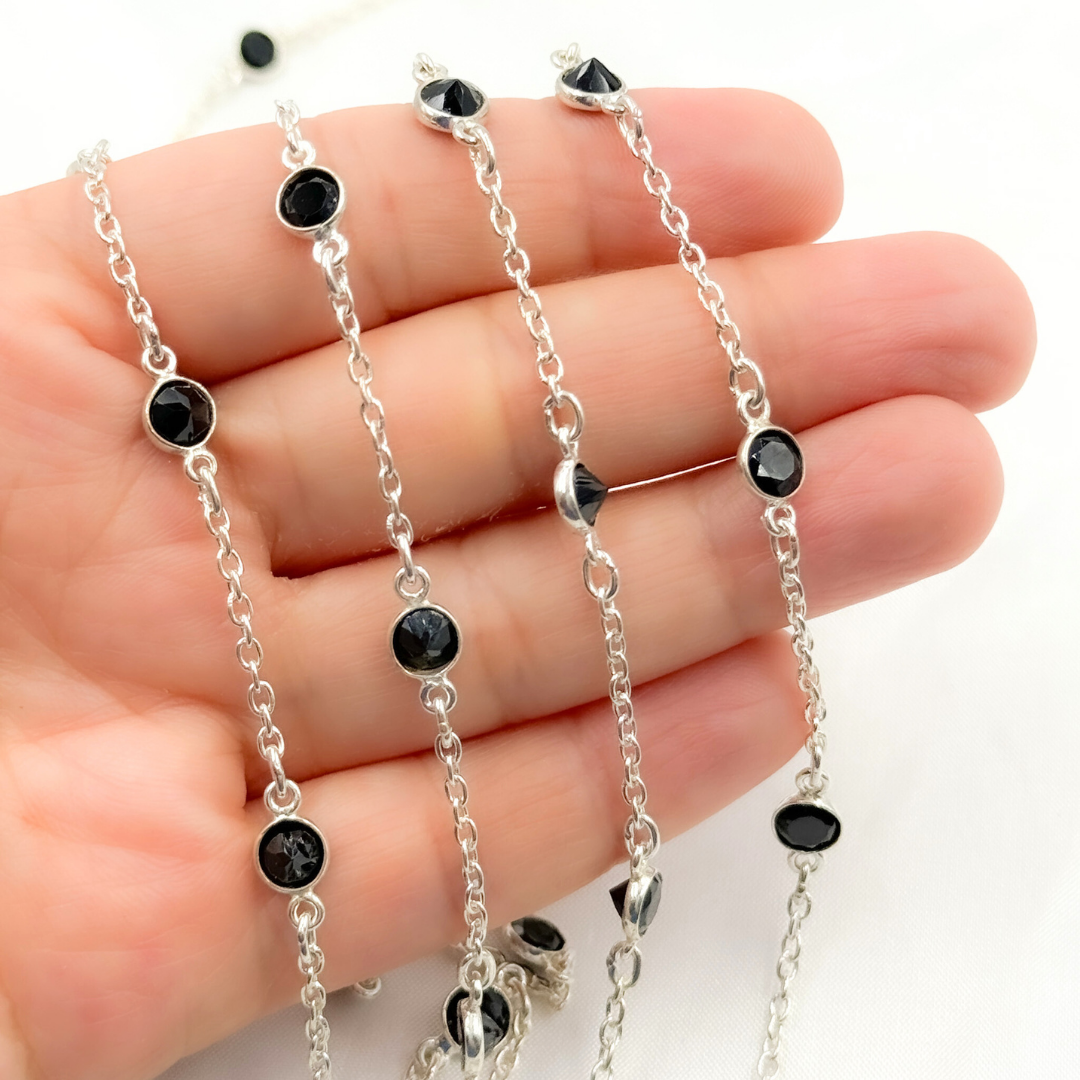 Black Spinel Round Shape Bezel 925 Sterling Silver Connected Wire Chain. BSP13