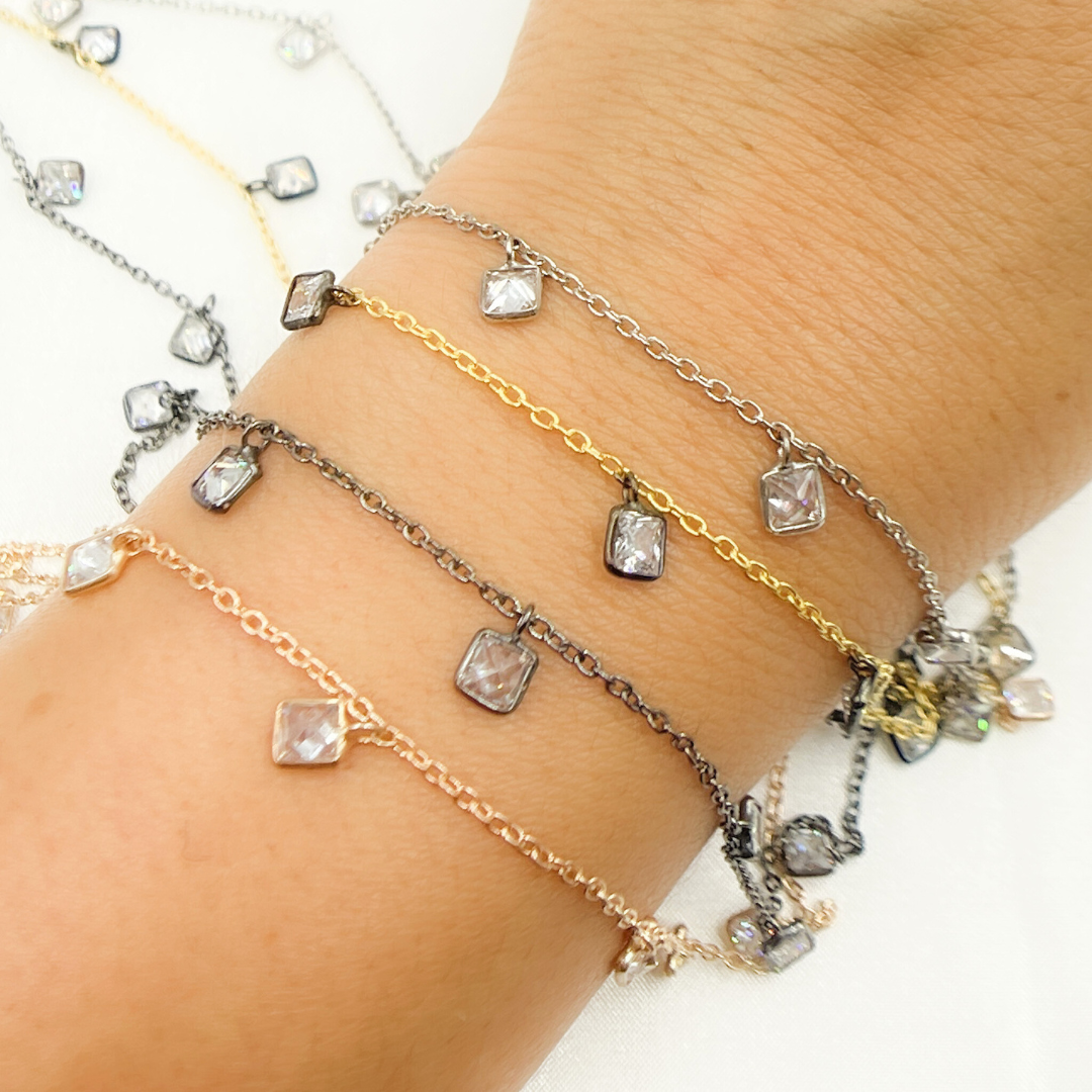 CZ2. 4mm Cubic Zirconia Square Shape Dangle Chain