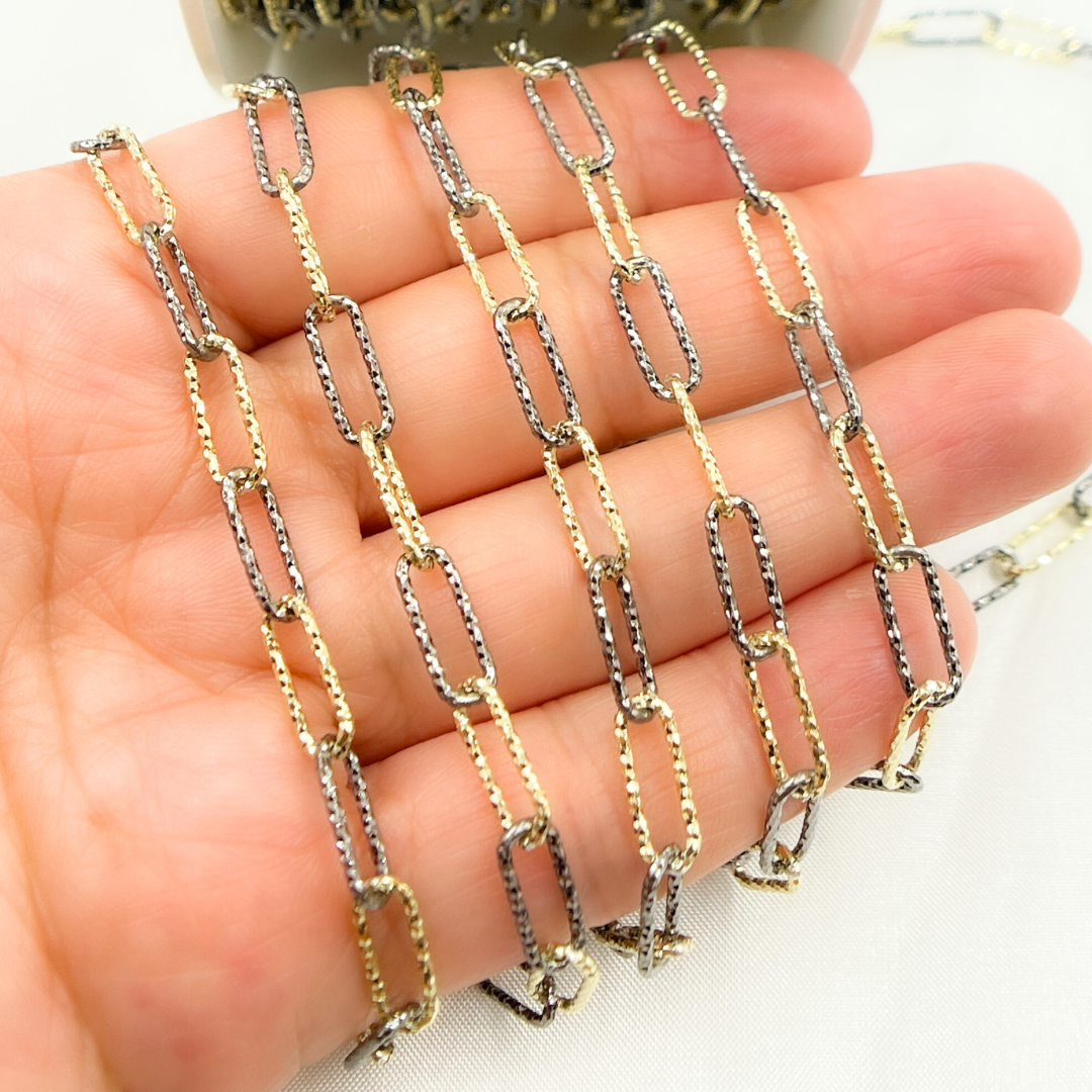 Gold Plated and Black Rhodium Sterling Silver Diamond Cut Paperclip Chain