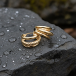 Load image into Gallery viewer, 15850017973. 14K Solid Gold Smooth and Textured Triple Line Hollow Hoop Earrings