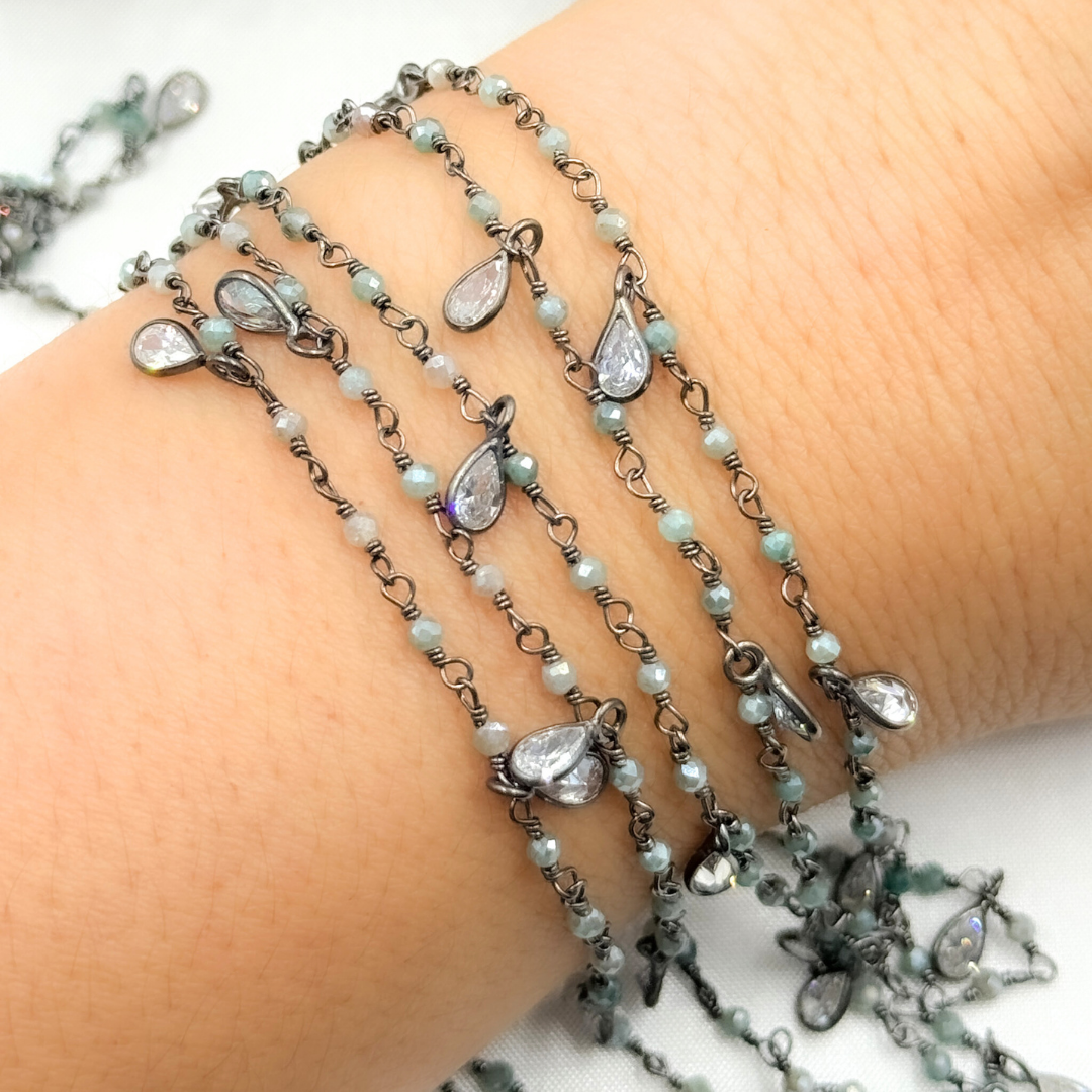Coated Green Quartz & CZ Dangle Oxidized Wire Chain