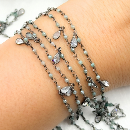 Coated Green Quartz & CZ Dangle Oxidized Wire Chain