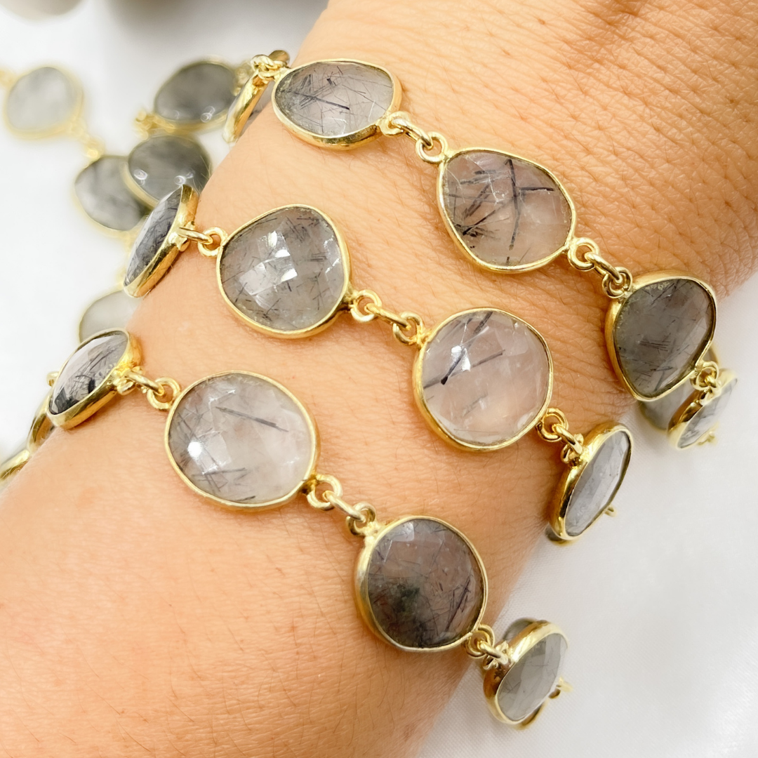 Black Rutile Organic Shape Bezel Gold Plated Wire Chain