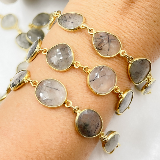 Black Rutile Organic Shape Bezel Gold Plated Wire Chain