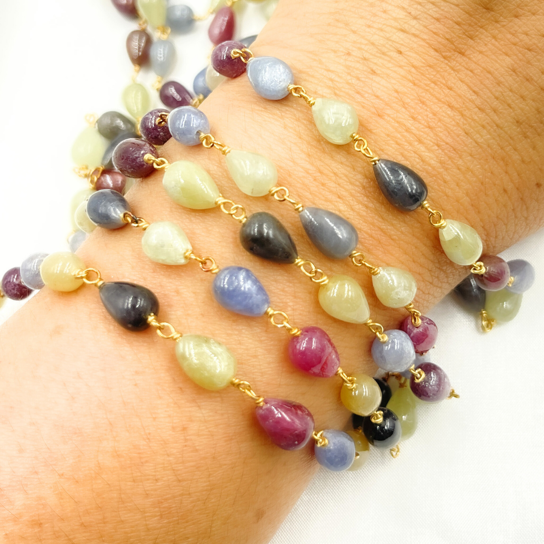 MSA27. Multi Sapphire Tear Drop Shape Gold Plated Wire Chain