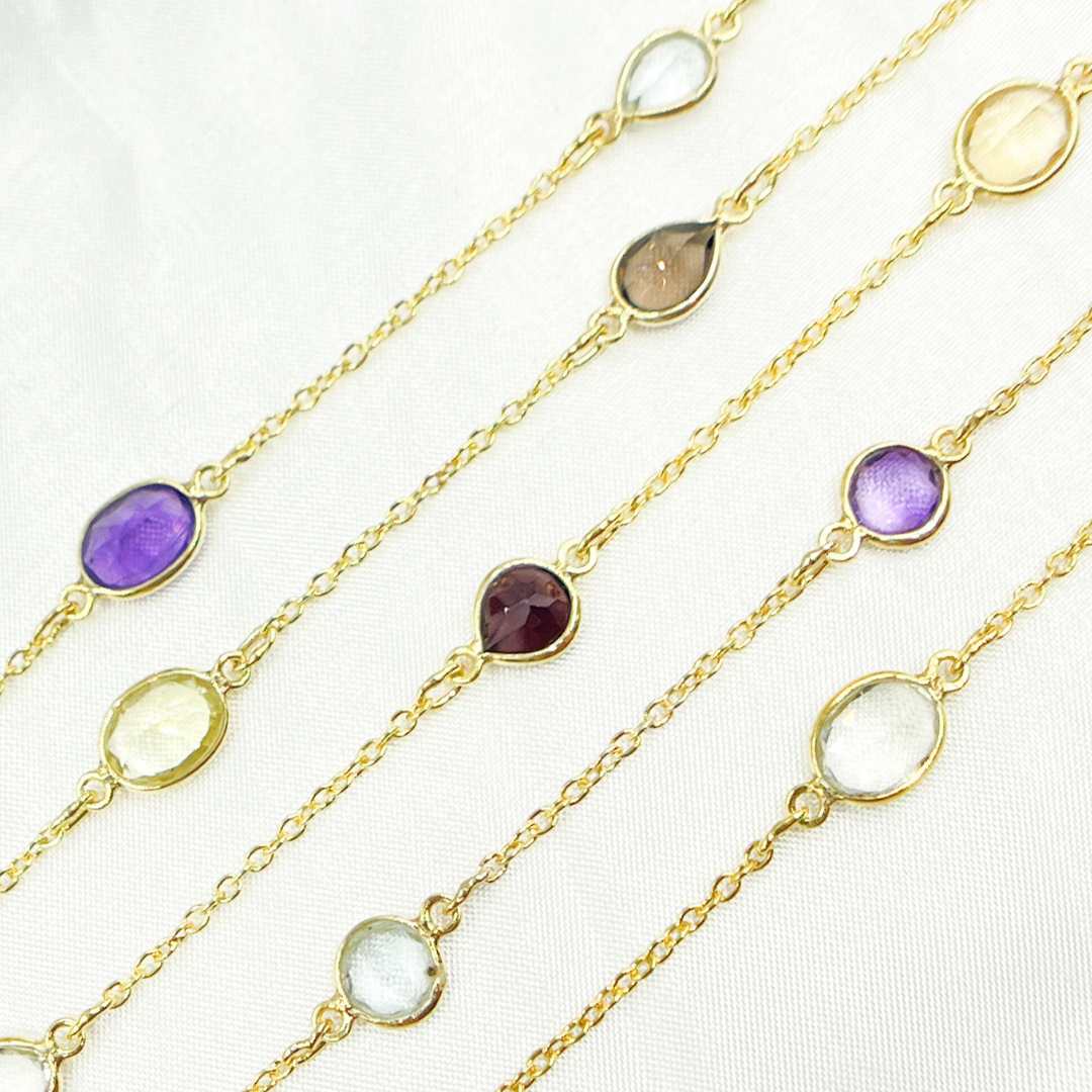 Multi Gemstone Organic Shape Gold Plated Connected Wire Chain