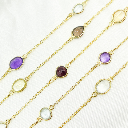 Multi Gemstone Organic Shape Gold Plated Connected Wire Chain