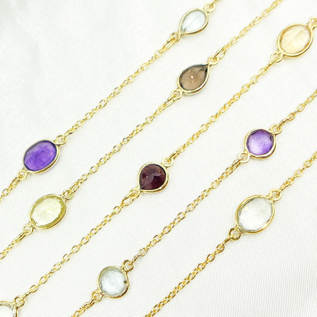 Multi Gemstone Organic Shape Gold Plated Connected Wire Chain. MGS13