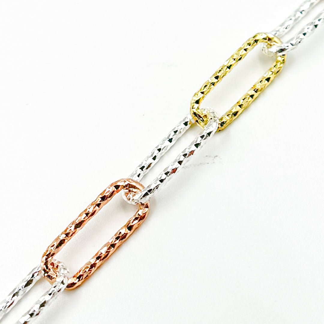 Sterling White Silver Gold and Rose Plated Diamond Cut Paperclip Chain