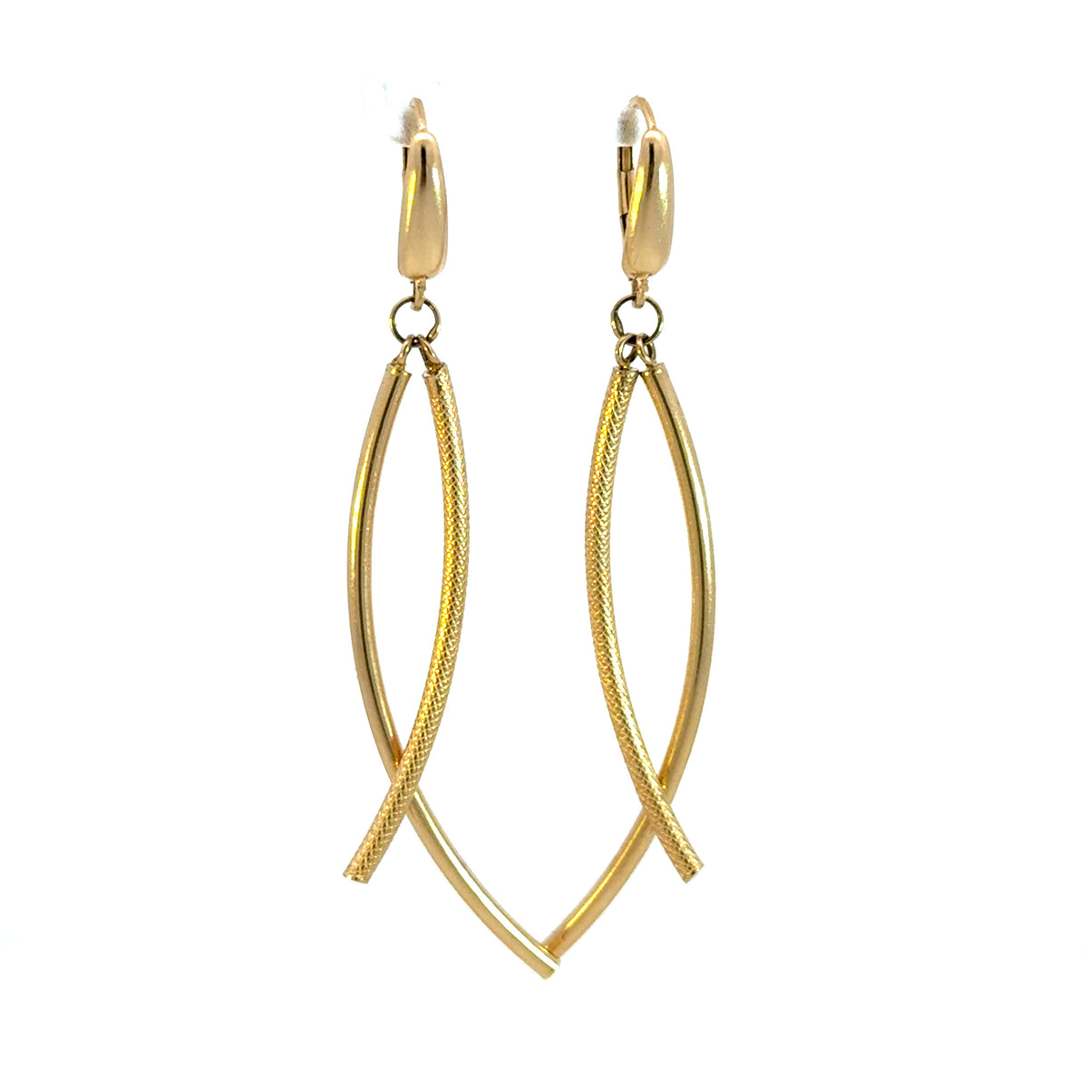 15850018486. 14K Solid Gold Smooth and Textured Tube Hollow Dangle Leverback Earrings