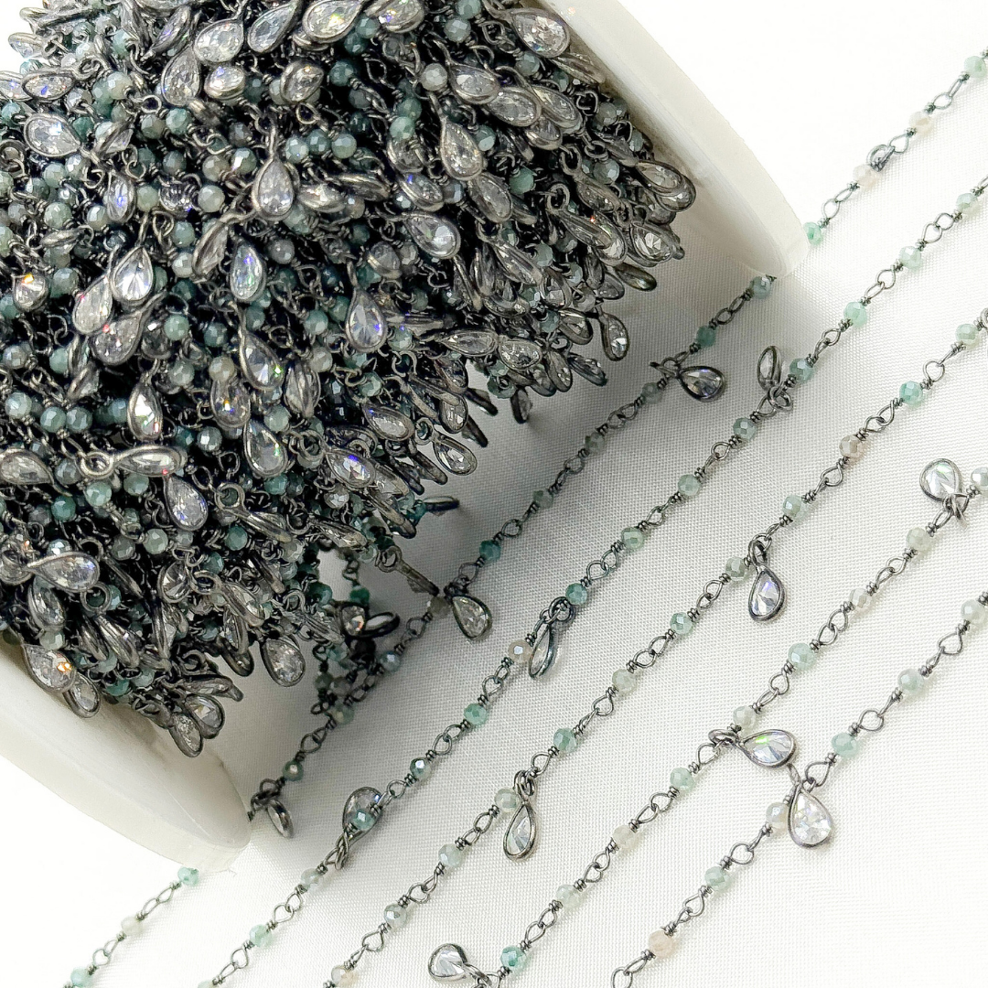 Coated Green Quartz & CZ Dangle Oxidized Wire Chain.