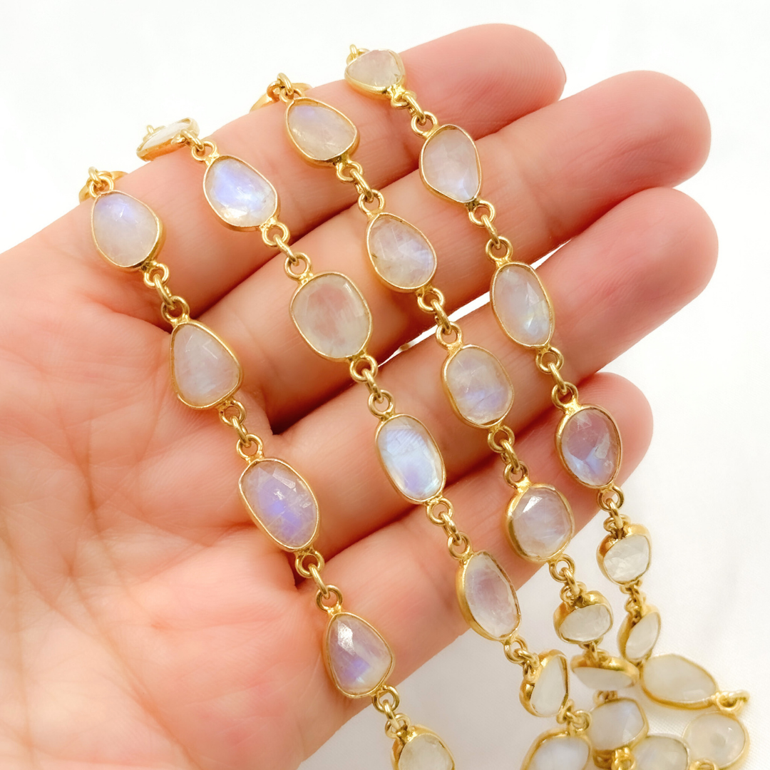 White Moonstone Organic Shape Bezel Gold Plated Wire Chain. WMS14