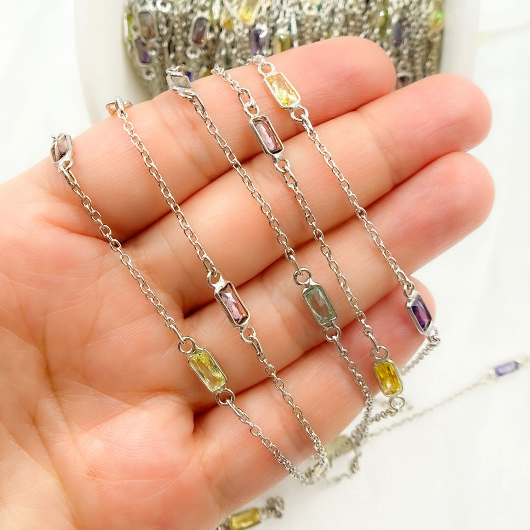 Multi Color Cubic Zirconia Rectangular Shape Connected Chain