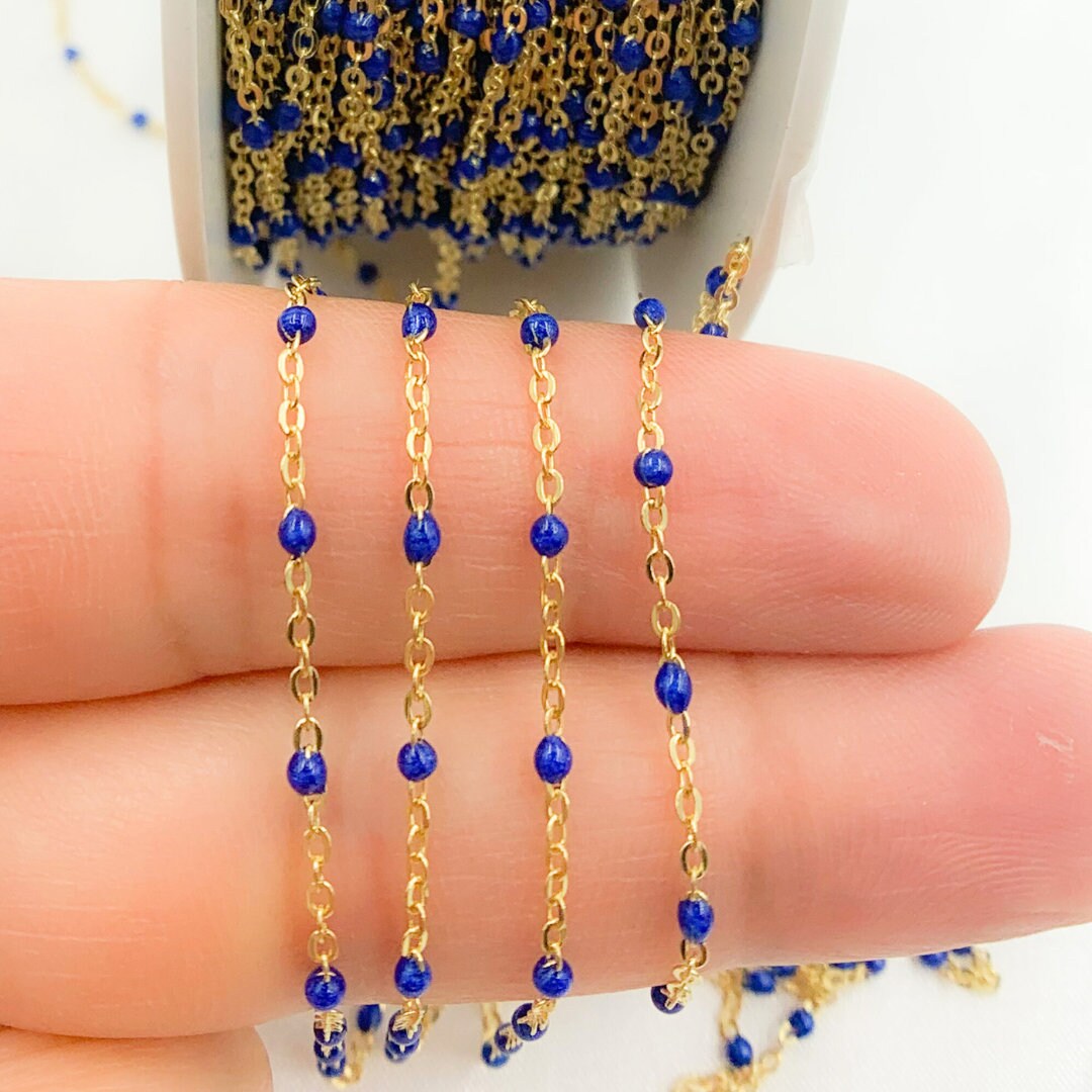 Gold Plated Sterling Silver Enamel Blue Color Cable Chain