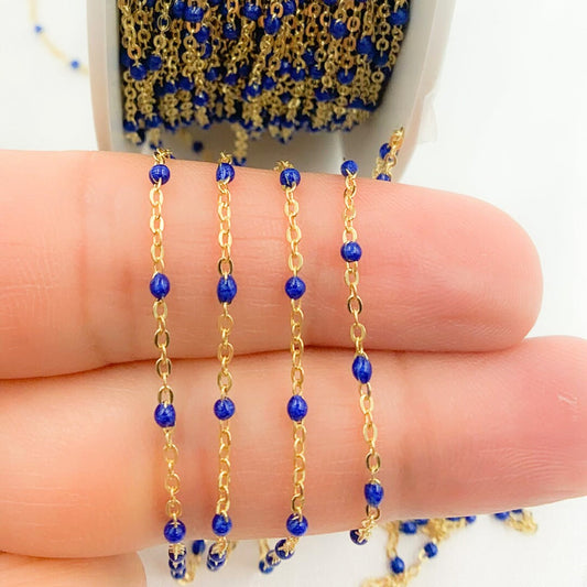 Gold Plated Sterling Silver Enamel Blue Color Cable Chain
