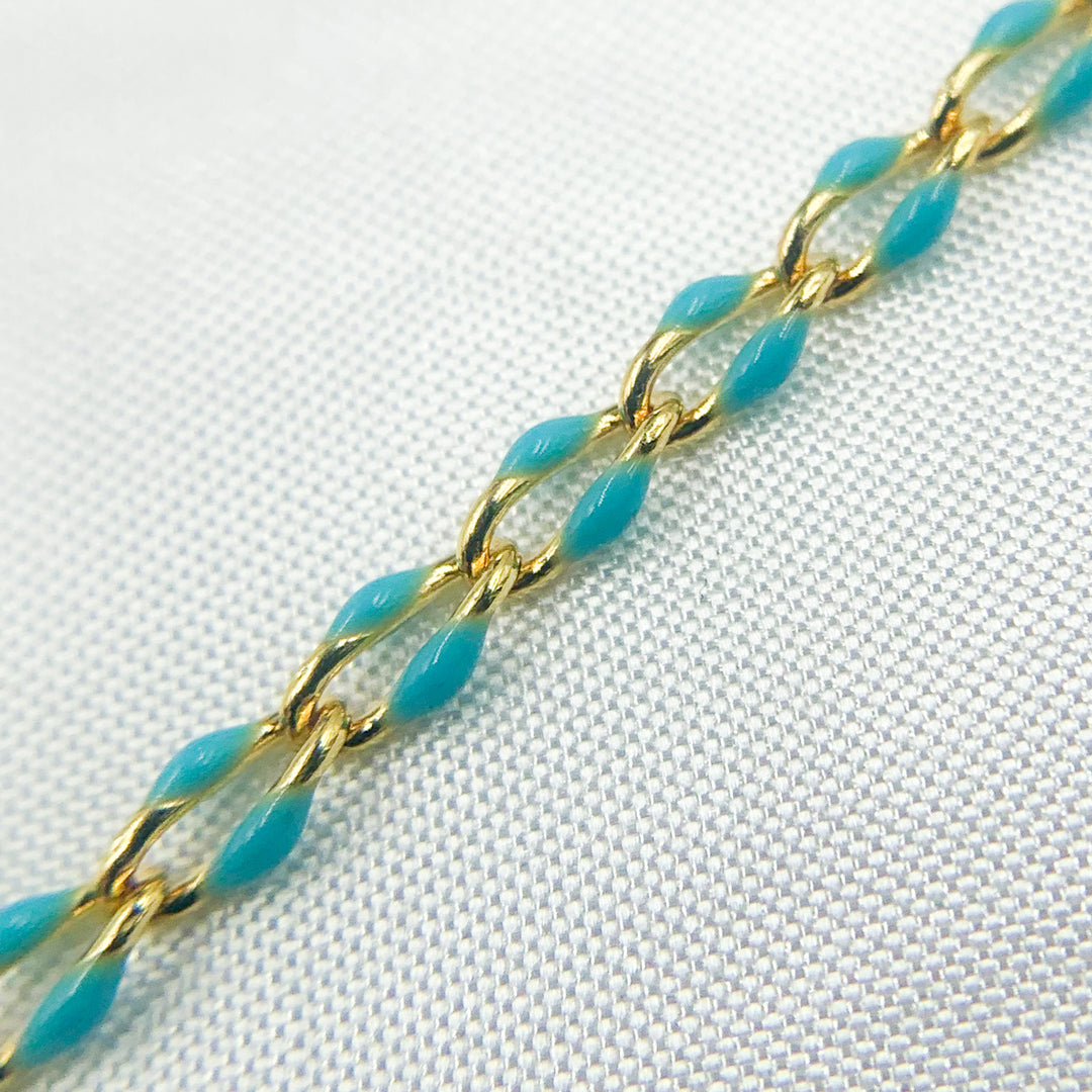 925 Sterling Silver Gold Plated Turquoise Enamel Cable Link Chain. V244TURGP