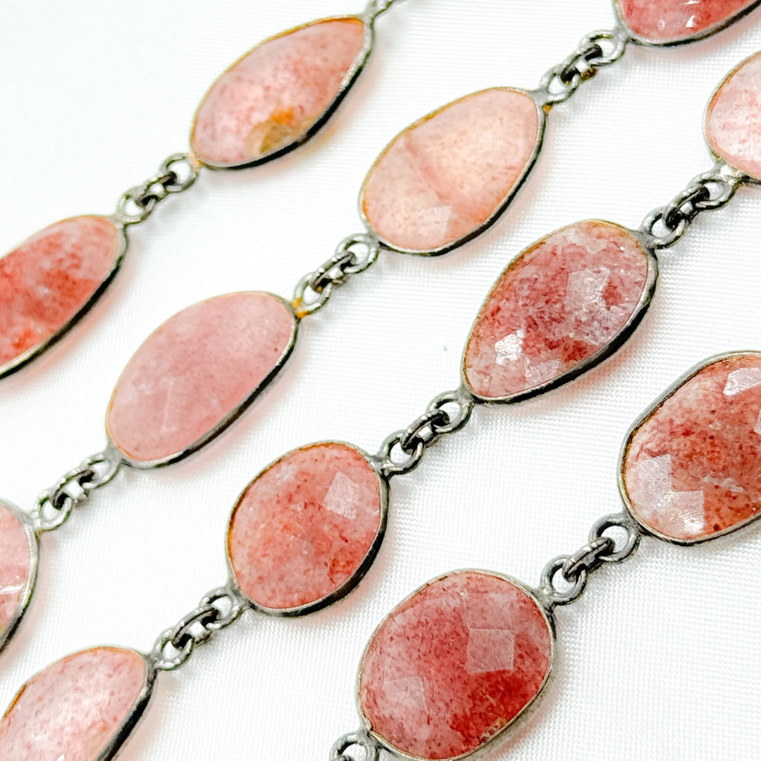 Strawberry Quartz Organic Shape Bezel Oxidized Wire Chain. STQ1