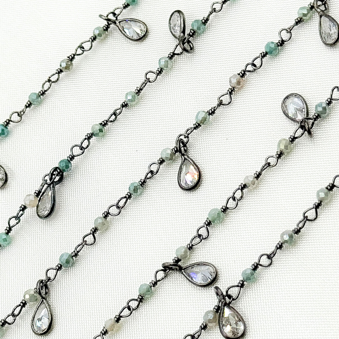 Coated Green Quartz & CZ Dangle Oxidized Wire Chain