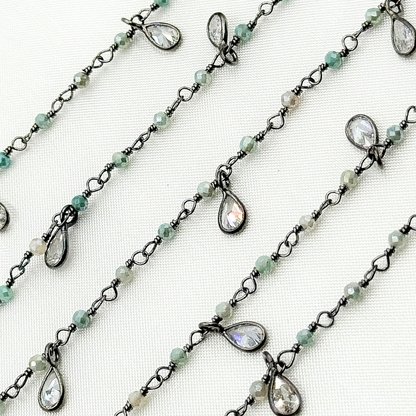 Coated Green Quartz & CZ Dangle Oxidized Wire Chain