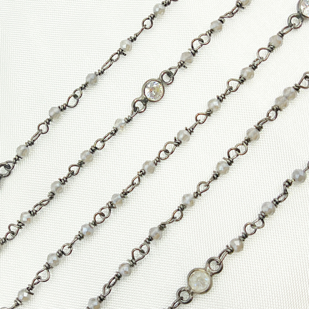 Coated Gray Moonstone & Round CZ Wire Wrap Chain made with Black Rhodium 925 Sterling Silver.