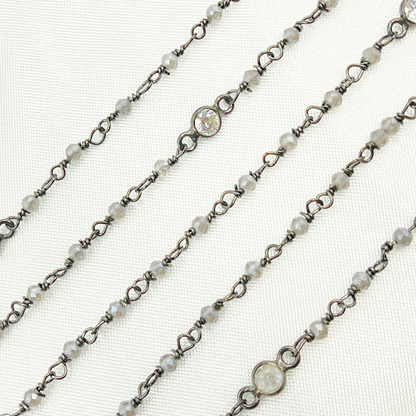 Coated Gray Moonstone & Round CZ Wire Wrap Chain made with Black Rhodium 925 Sterling Silver.