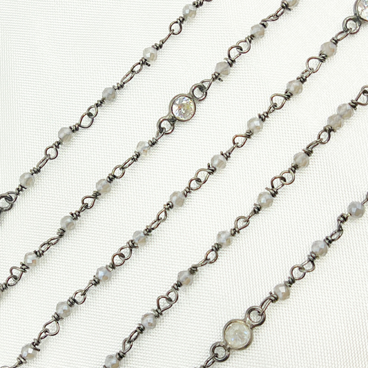 Coated Gray Moonstone & Round CZ Wire Wrap Chain made with Black Rhodium 925 Sterling Silver.