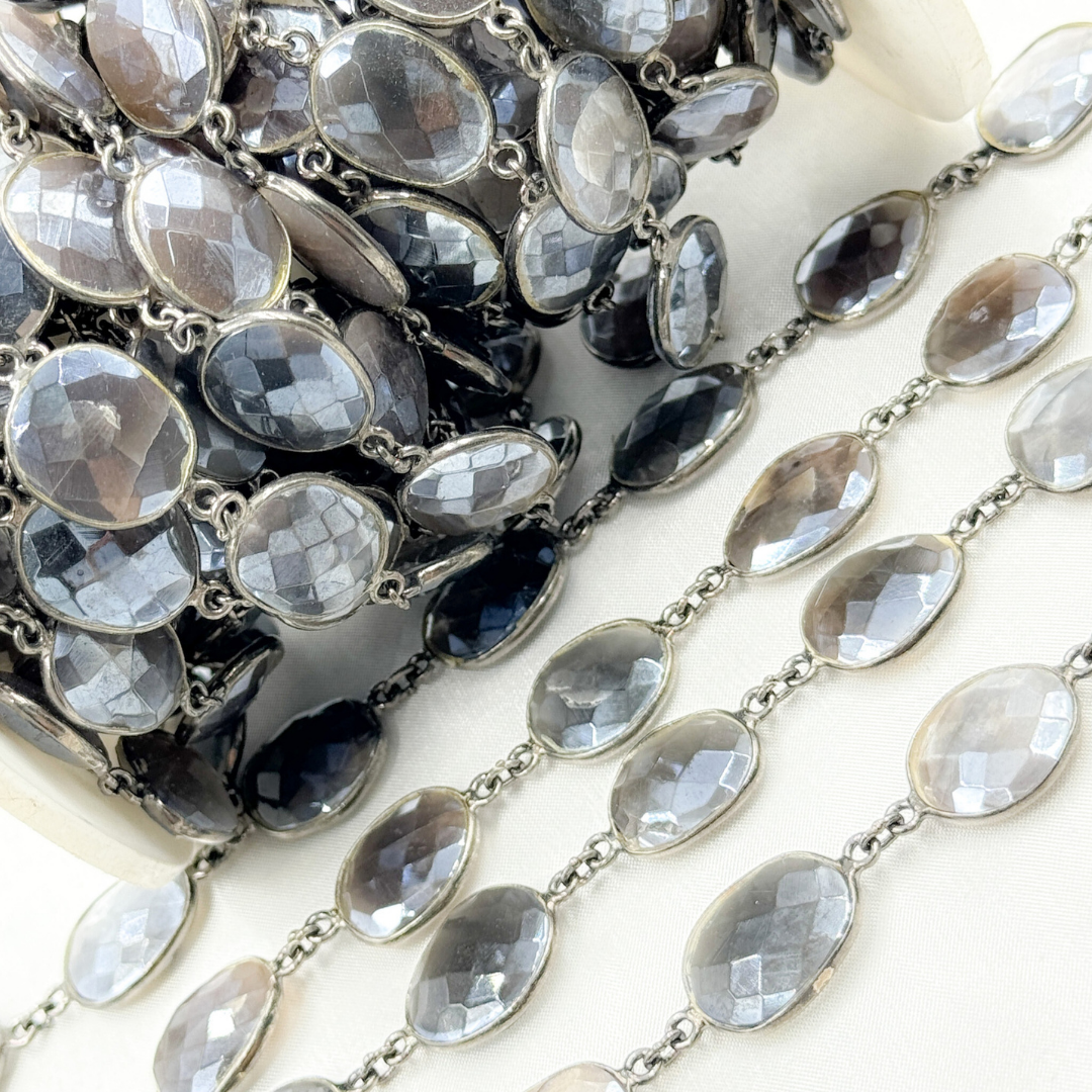 Coated Grey Moonstone Organic Shape Bezel Oxidized Wire Chain.