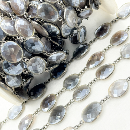 Coated Grey Moonstone Organic Shape Bezel Oxidized Wire Chain.