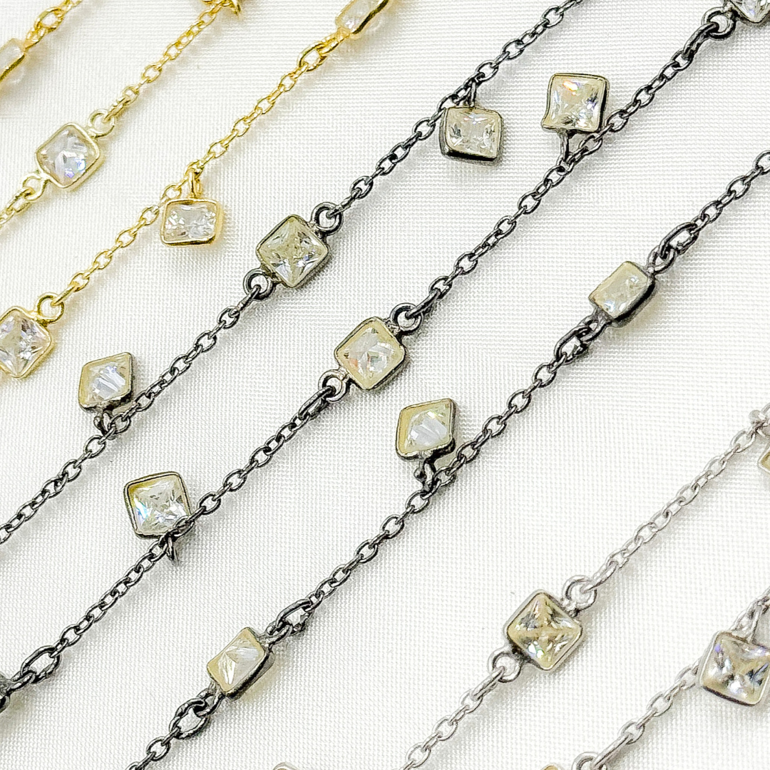 Cubic Zirconia Square Shape Dangle & Connected Wire Chain