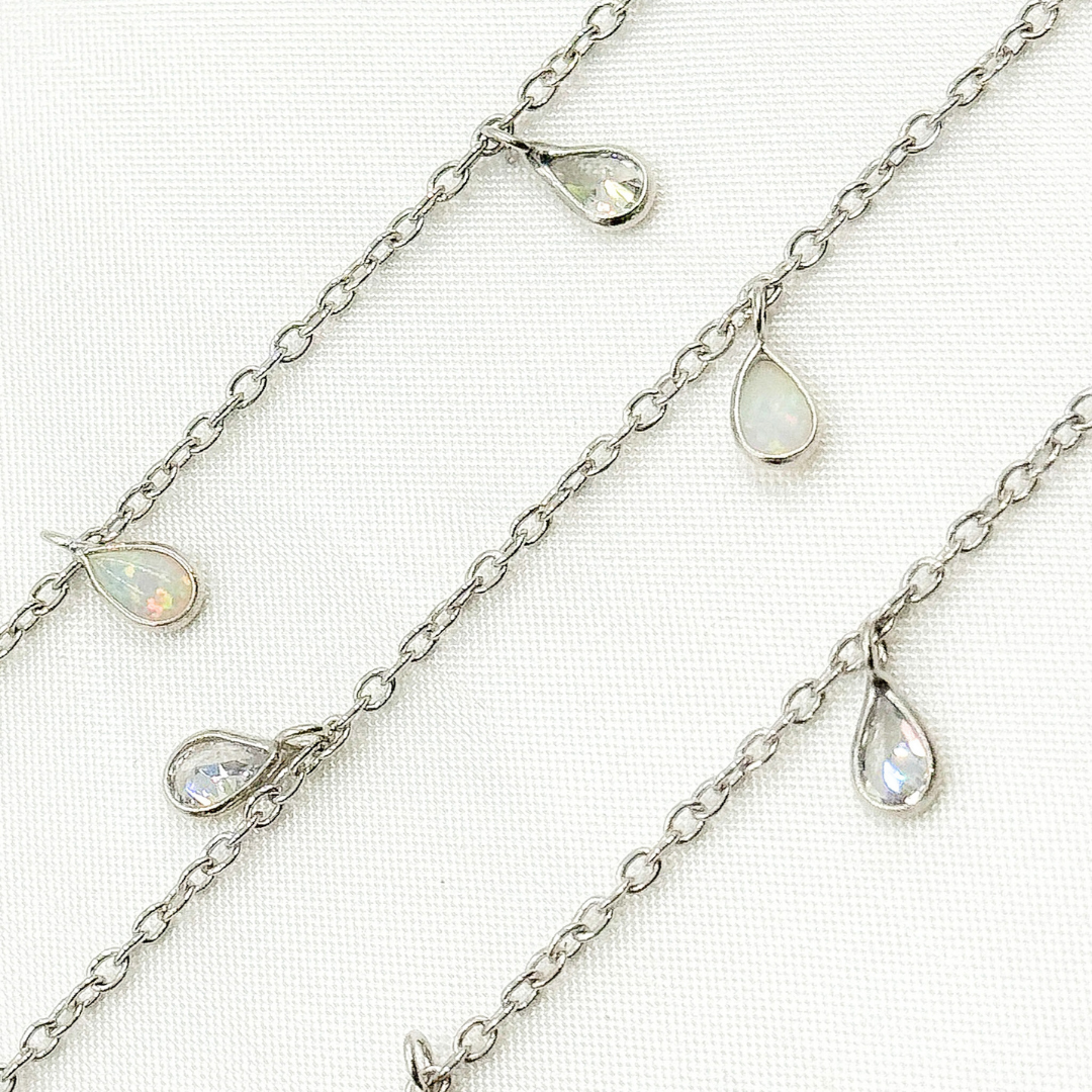 Created White Opal + CZ Pear Shape Dangle Chain