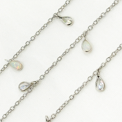 Created White Opal + CZ Pear Shape Dangle Chain