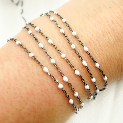 Oxidized Sterling Silver Enamel White Color Cable Chain