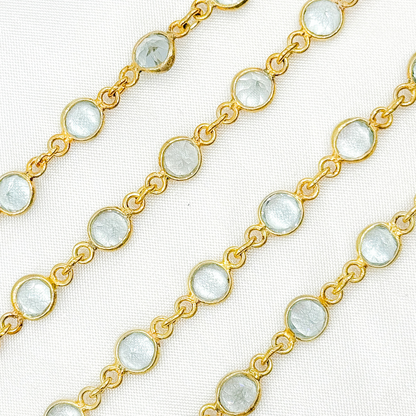 Sky Blue Topaz Round Shape Bezel Gold Plated Wire Chain