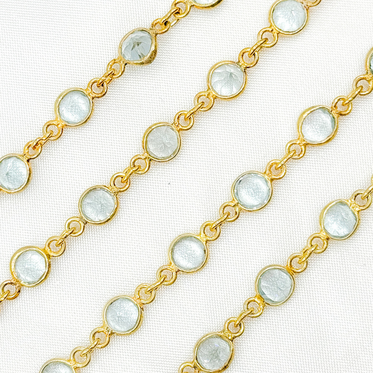 Sky Blue Topaz Round Shape Bezel Gold Plated Wire Chain