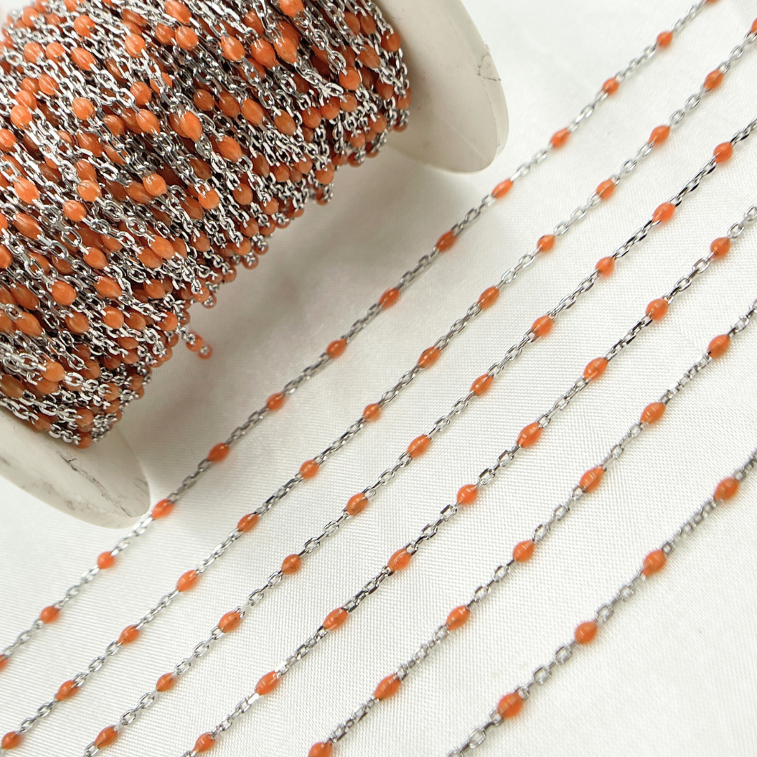 Sterling White Silver Enamel Orange Color Cable Chain